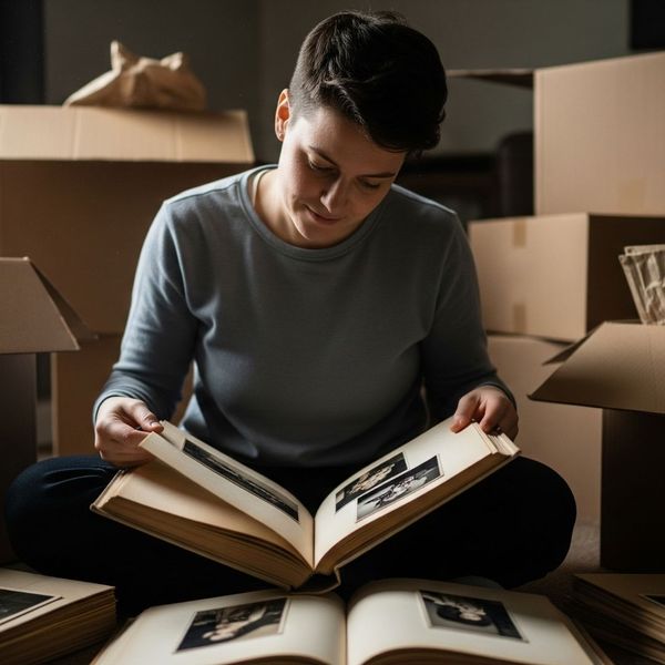 woman looks through old photos while packing woman looks through old photos while packing