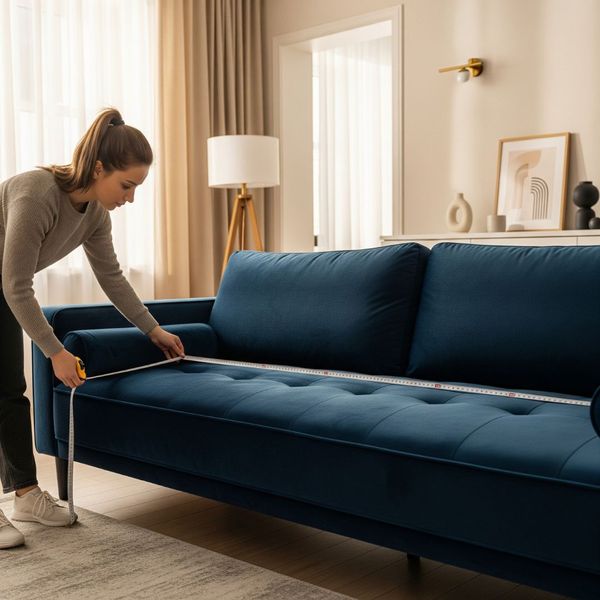A person using a tape measure on a large sofa in a living room. Best Practices for Choosing the Right Storage Unit Size 3.jpg