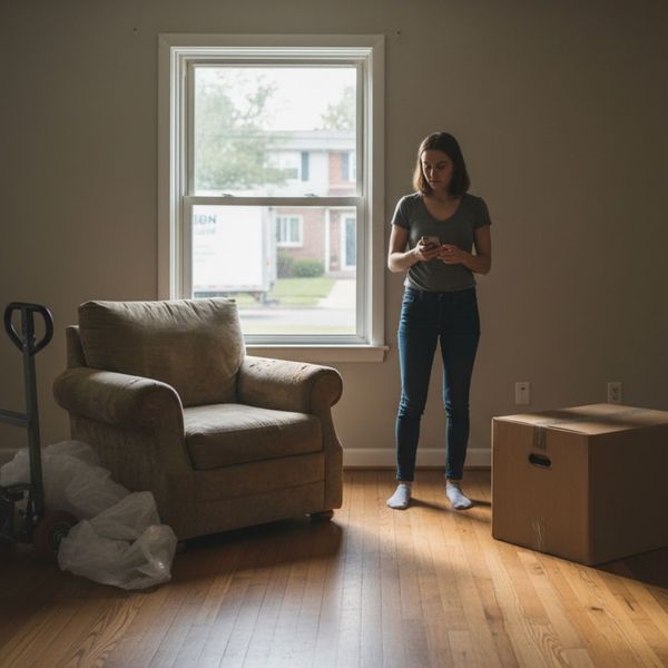 woman looks at loveseat while moving woman looks at loveseat while moving