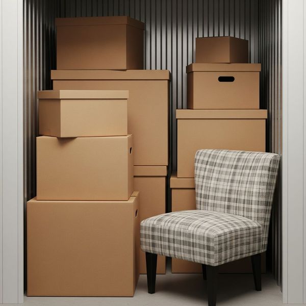 A small armchair next to a neat stack of moving boxes. Best Practices for Choosing the Right Storage Unit Size 1.jpg