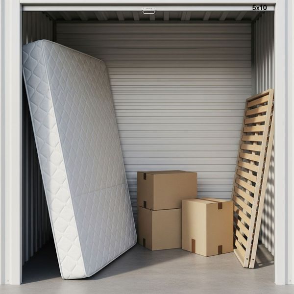 A queen mattress and disassembled bed frame ready for a 5x10 storage unit. Best Practices for Choosing the Right Storage Unit Size 2.jpg