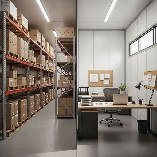 An office/warehouse unit with inventory on shelves and a small desk workspace. Best Practices for Choosing the Right Storage Unit Size 5.jpg