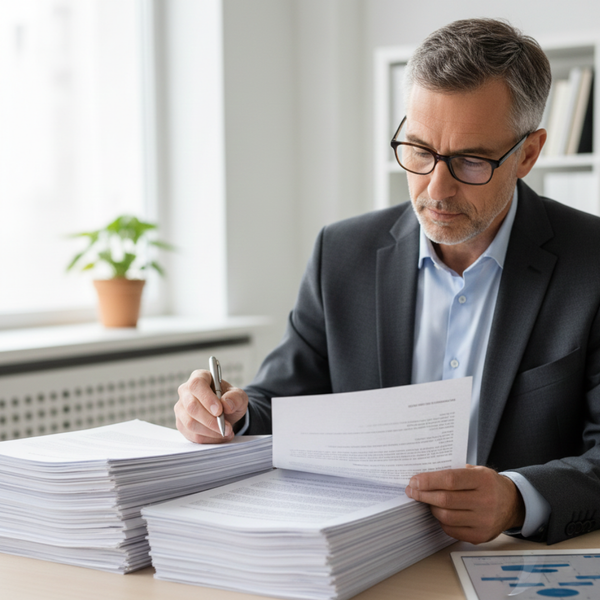 Legal specialist or attorney carefully reviewing complex foreclosure defense documents.