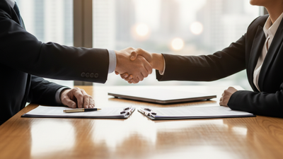 Financial consultant and homeowner shaking hands in a bright office after finalizing a foreclosure assistance plan.