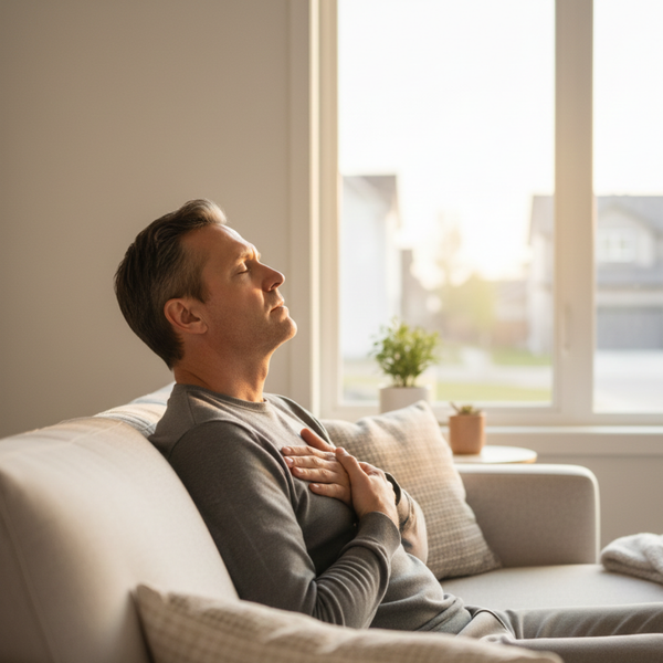 Homeowner relaxing on a sofa, looking calm, symbolizing relief from financial stress.