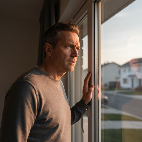Middle-aged man in a grey sweater looking out of a large glass window with a serious or concerned expression, with his hand resting on the window frame. The late afternoon sunlight illuminates his face and the suburban neighborhood outside is visible in th