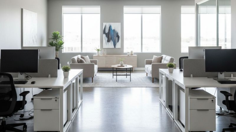 A spacious, clean, and modern office is ready for the workday.