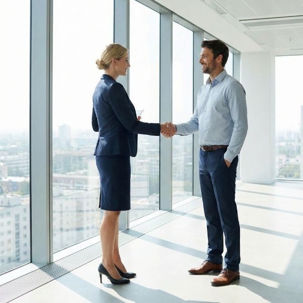 A confident businesswoman shakes hands with a smiling male client in a modern, sunlit office building with large windows overlooking a city. The office is immaculate and stylish.