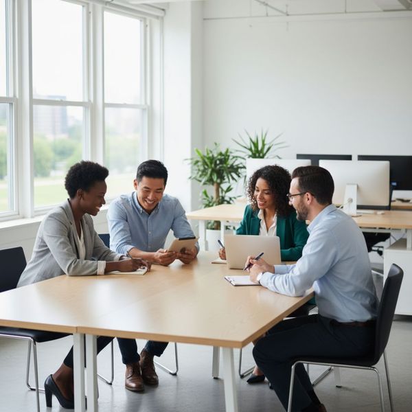 Diverse office workers collaborating happily in a clean workspace.