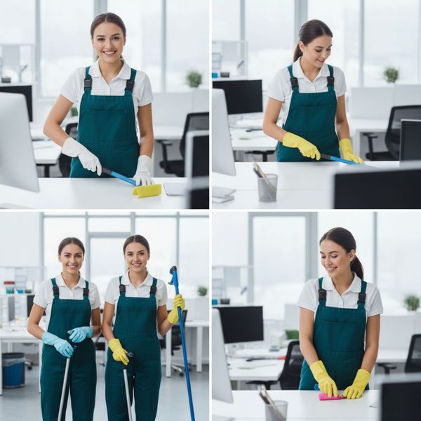 Professional cleaning team performing routine maintenance in an office.