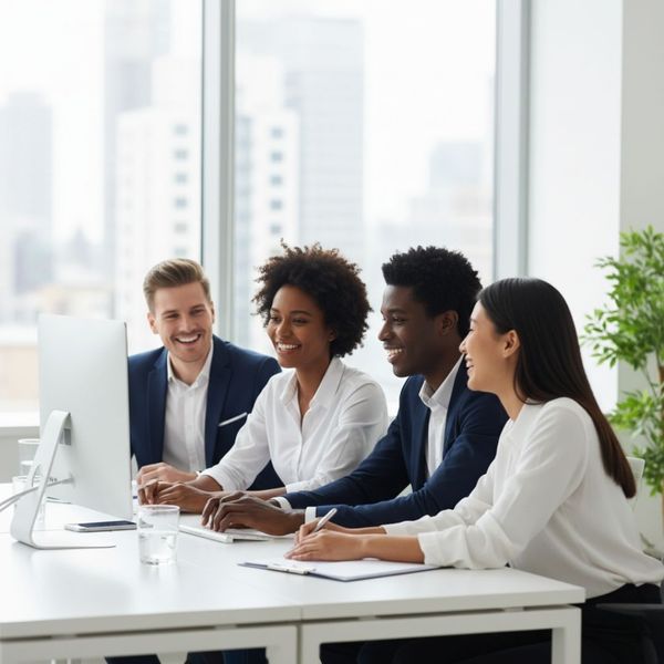 Happy employees collaborating in a clean, bright office environment.