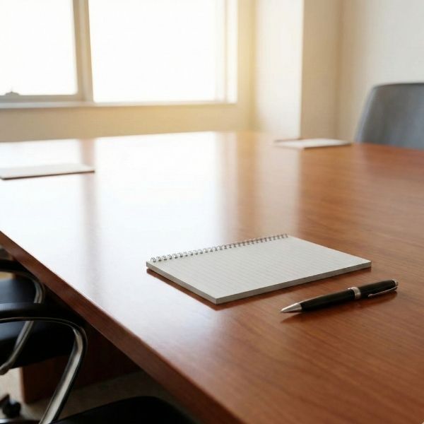 A close-up of a polished conference table with a notebook and a pen, ready for a meeting.