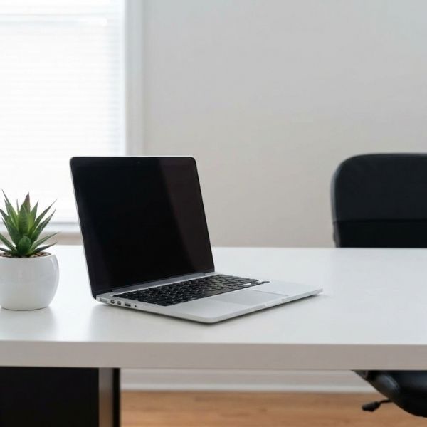 A neat and organized office desk with a laptop, a small plant, and no clutter.