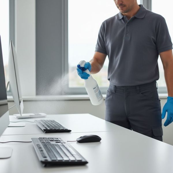 a janitor spraying disinfectant on keyboards