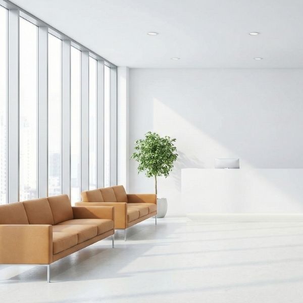 A bright, modern, spotless office lobby welcoming a new client.