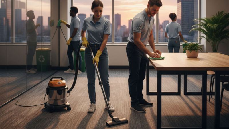 Professional cleaning staff maintaining a modern office space.