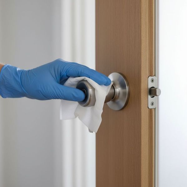 A hand is seen cleaning a doorknob with a white disinfectant wipe.