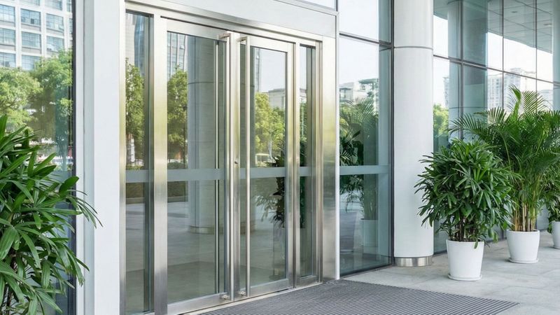 A pristine, modern commercial building entrance with polished glass doors and healthy plants, reflecting a professional image