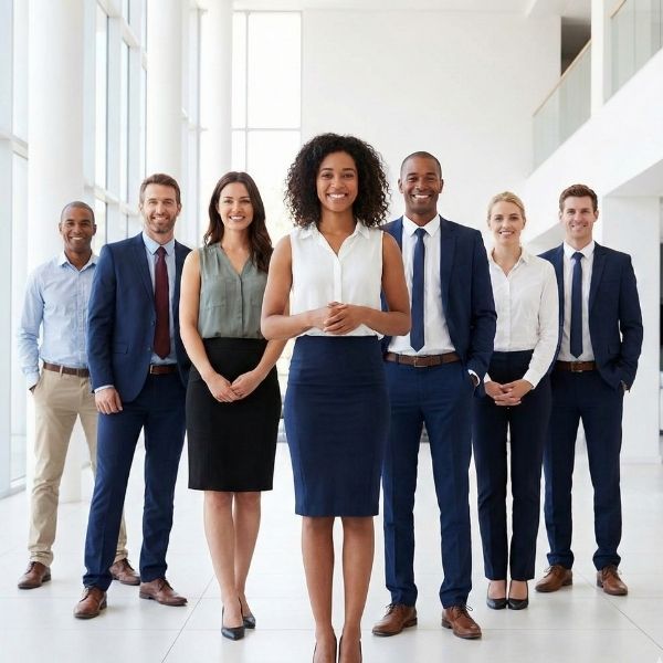 Diverse colleagues smiling confidently in a bright, pristine corporate lobby.