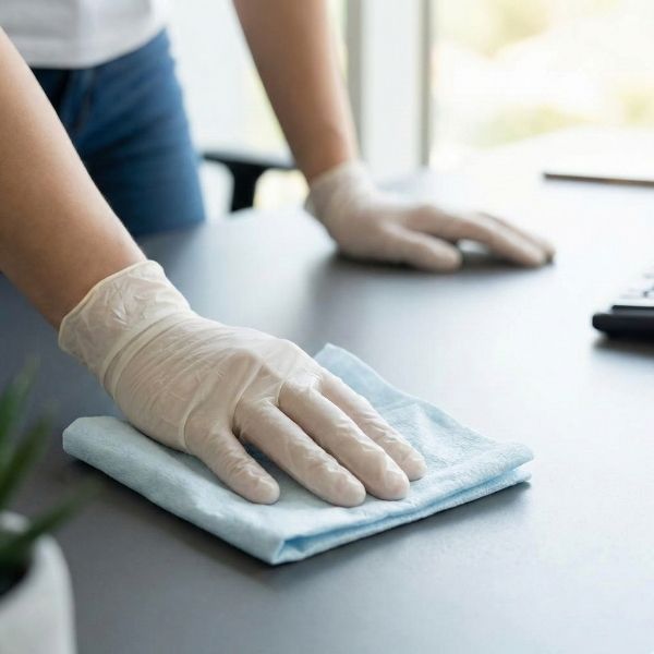 A close-up of a person in gloves wiping a desk surface with a disinfectant cloth.