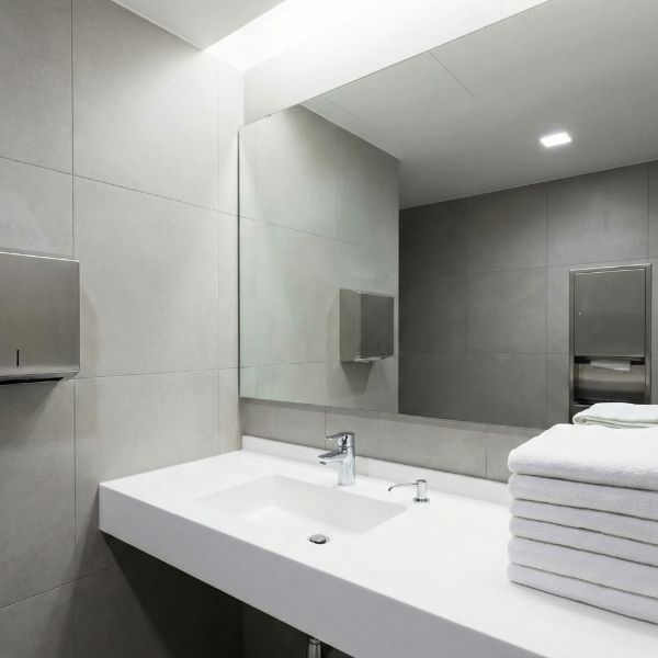 A modern, spotless commercial restroom with a clean sink, a large mirror, and a stack of fresh towels.