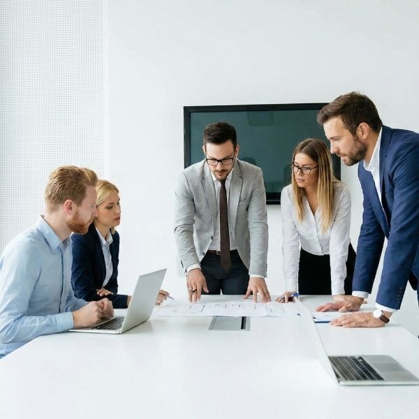 A professional team collaborating intensely on a project in a modern, clean conference room.