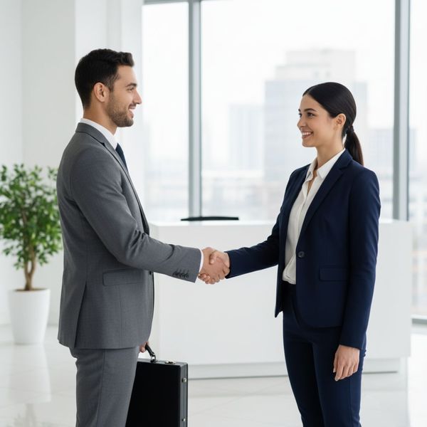 Business handshake in a modern, spotless reception area.