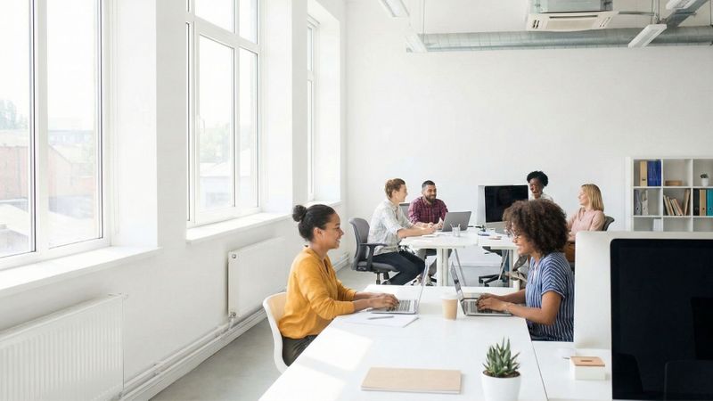 Bright modern office with diverse staff working happily in clean sunlight.