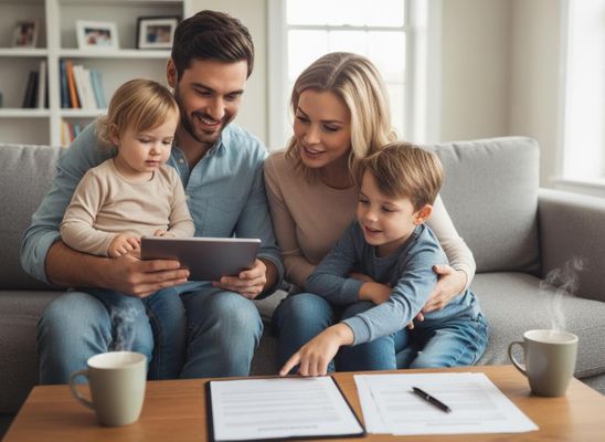 Family Reviewing Documents and Tablet at Home