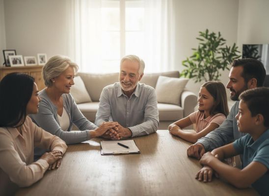 Multi-generational family meeting around a table