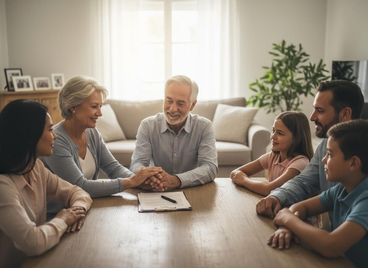 Multi-generational family meeting around a table