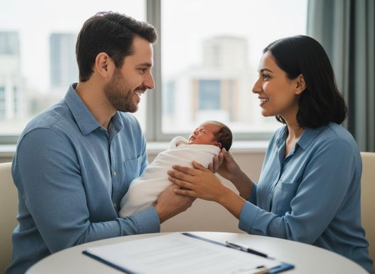 New Parents and Swaddled Baby