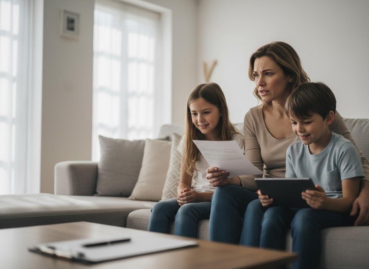 Family on couch: Mother looking concerned, daughter with documents, son with tablet