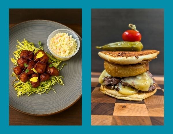 a side-by-side of a plated dish and a burger