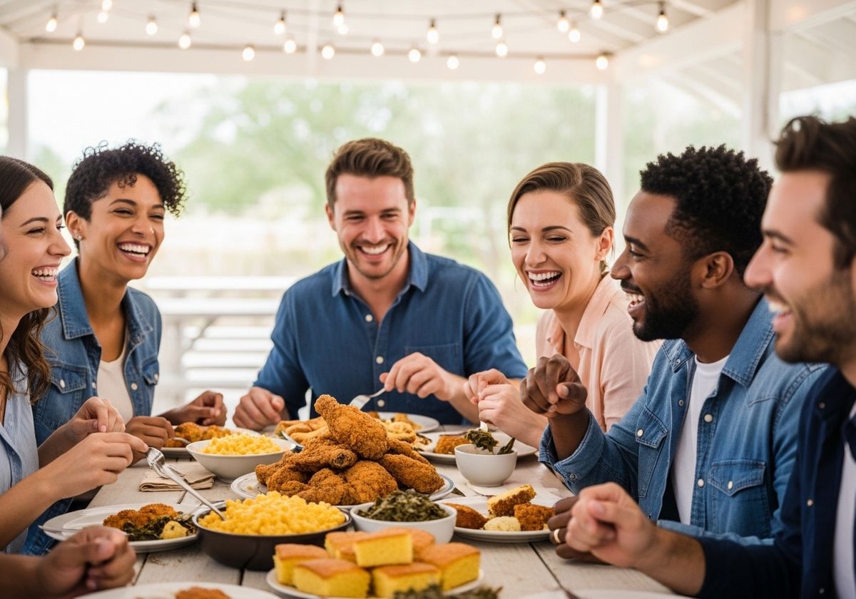 Friends laughing over a meal of fried chicken and sides