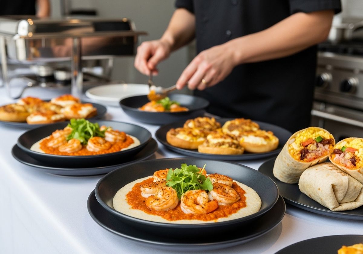 Chef Preparing Shrimp and Grits with Breakfast Burritos and Appetizers
