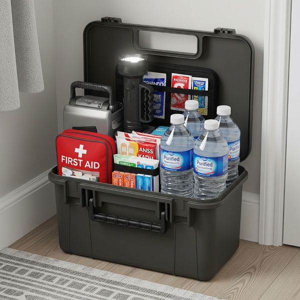 A home emergency preparedness kit ready for use.