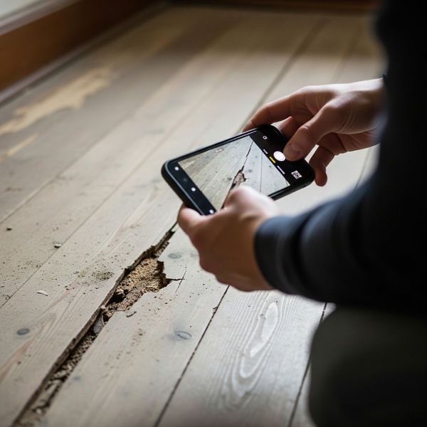 A person uses their smartphone to take a picture of a cracked and damaged floor.