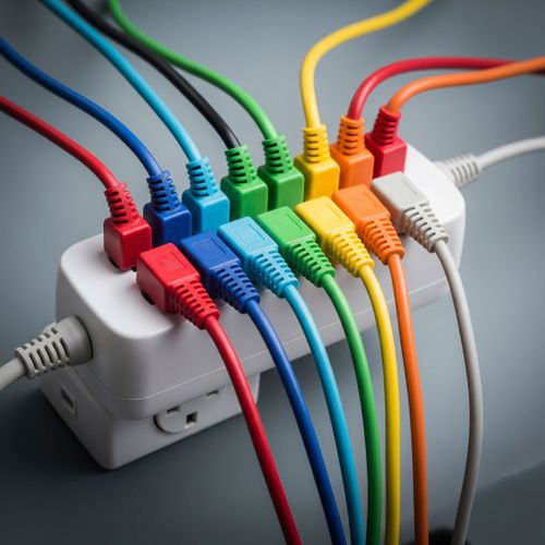 Organized electrical cords plugged into a surge protector to prevent electrical hazards. Organized electrical cords plugged into a surge protector to prevent electrical hazards.