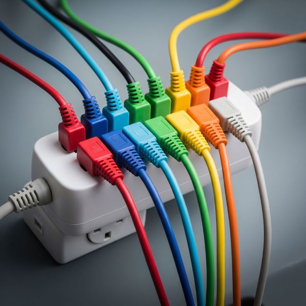 Organized electrical cords plugged into a surge protector to prevent electrical hazards.