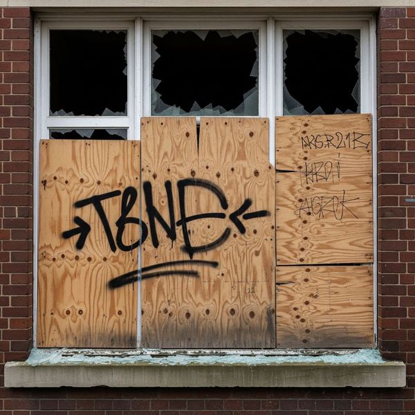 A residential window is boarded up from the outside with a piece of plywood.