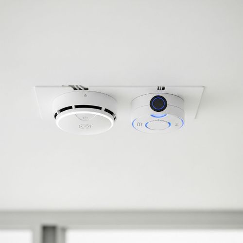 A smoke and carbon monoxide detector installed on a ceiling for fire safety