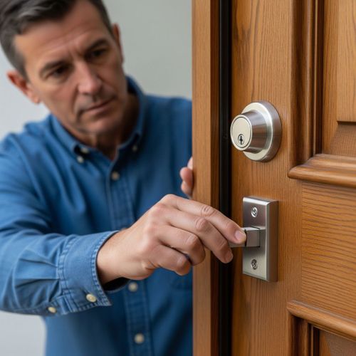 A person locking a secure deadbolt on a home's front door. A person locking a secure deadbolt on a home's front door.