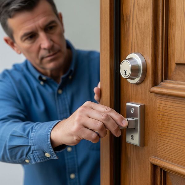 A person locking a secure deadbolt on a home's front door.