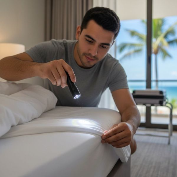 man checking hotel bed for bed bugs