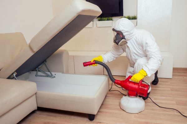 pest control specialist spraying couch