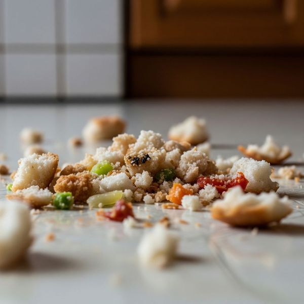 A close-up of food crumbs on a tile floor. A close-up of food crumbs on a tile floor.
