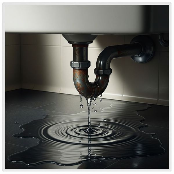 A leaky pipe under a sink with a puddle of water on the floor. A leaky pipe under a sink with a puddle of water on the floor.