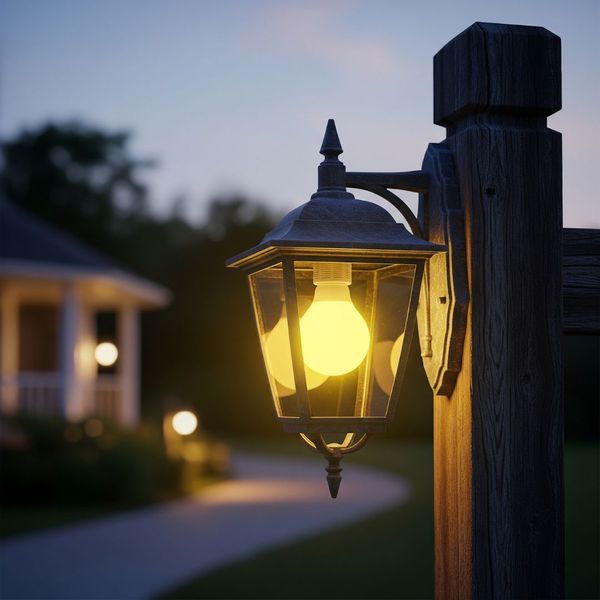 An outdoor light fixture with a yellow bug-repellent bulb An outdoor light fixture with a yellow bug-repellent bulb