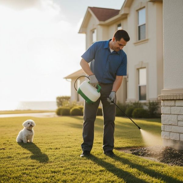 pest control person spraying perimeter of home